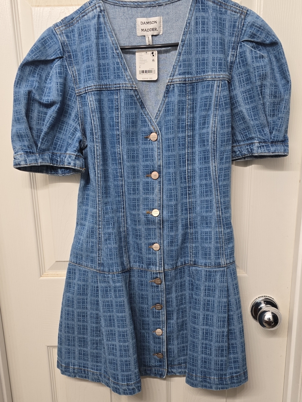 Blue Denim Button-Front Puff Sleeve Dress